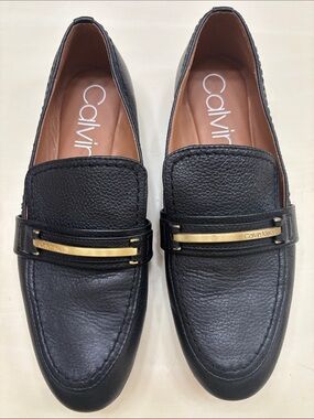 Calvin Klein Black Leather Loafers with Gold Accent Bar